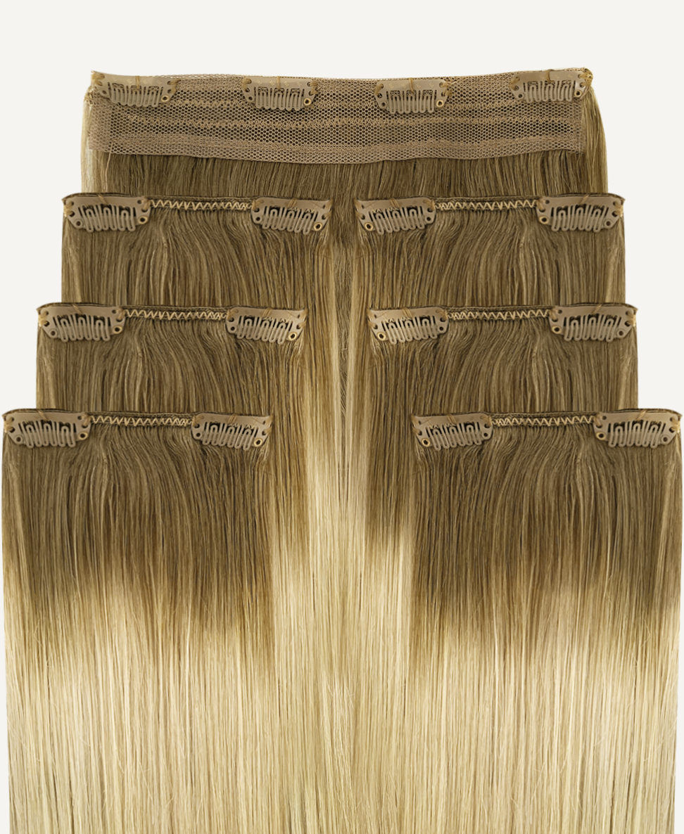 clip-in hair extensions rooted blonde.