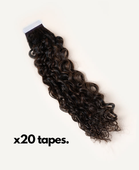 curly (3A curls) tape-in hair extensions mocha balayage.