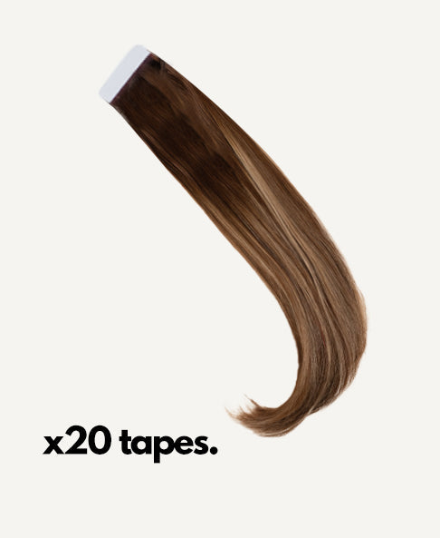 tape-in hair extensions brown balayage.