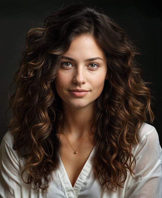 curly (3A curls) tape-in hair extensions mocha balayage.