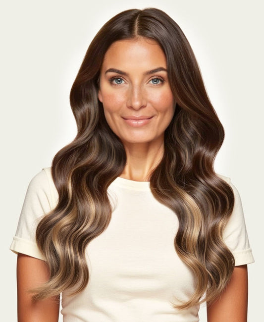 tape-in hair extensions brown balayage.