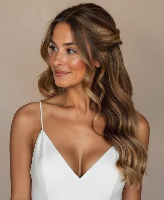 tape-in hair extensions caramel balayage.