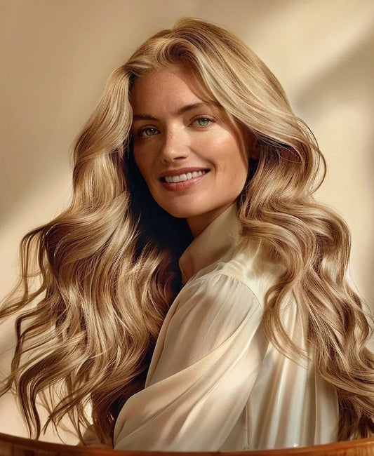 tape-in hair extensions medium blonde.