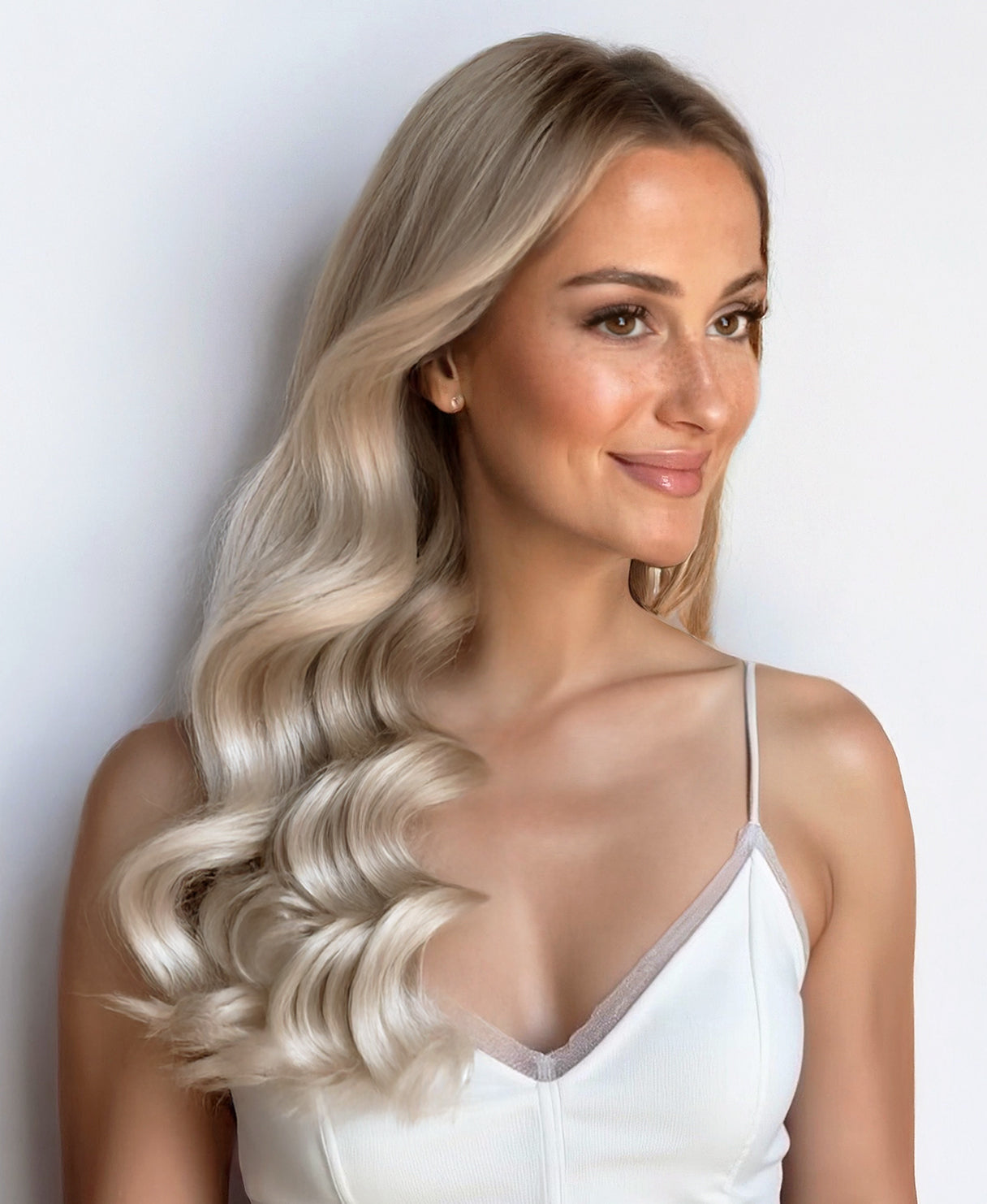 tape-in hair extensions shadow root white blonde.