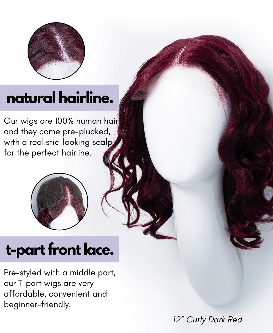 curly human wig - 12" dark red.