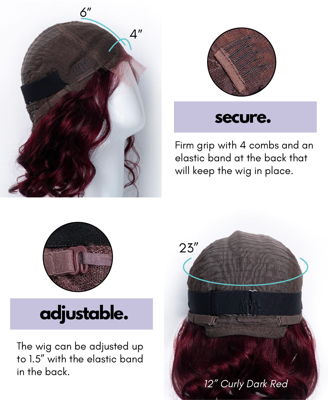 curly human wig - 12" dark red.